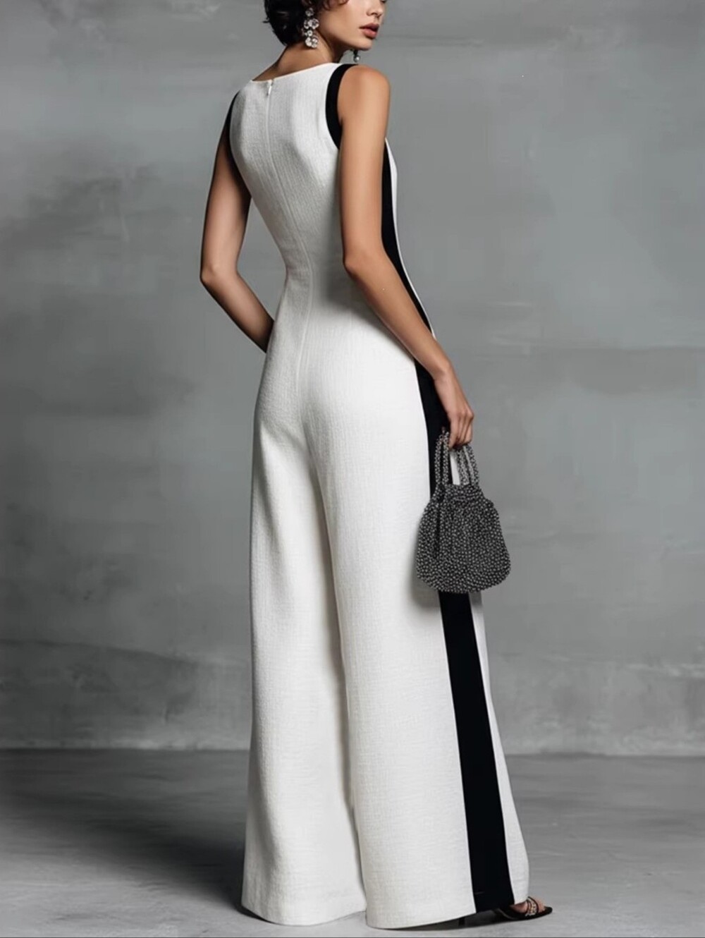Women's Ivory V-Neck Wide-Leg Jumpsuit with Black Side Panels - Picture 2 of 9